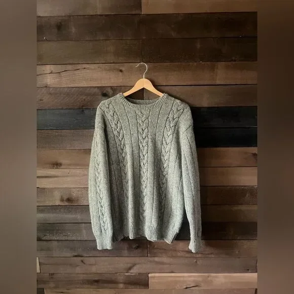 Vintage Cherokee Lambswool Cable Knit Sweater Fisherman Gray Crewneck 90s Unisex - Picture 2 of 7